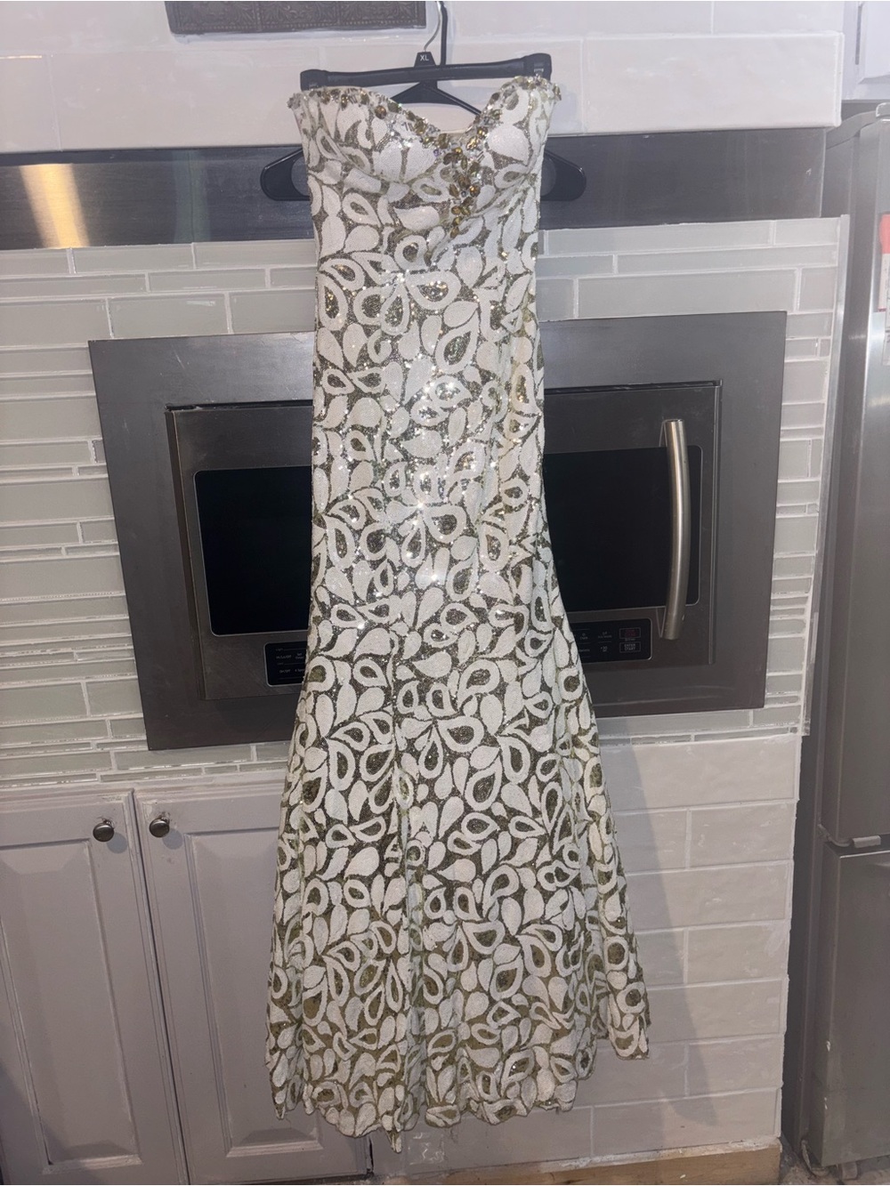 Strapless White Evening Dress with Gold Sequin Overlay